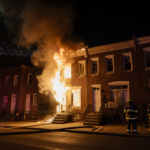 Rowhome burning with flames and smoke with firefighters standing watch at the curb at nighttime
