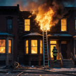 Firefighter looks up at blazing rowhome with ladder and charred sprinkler hanging nearby
