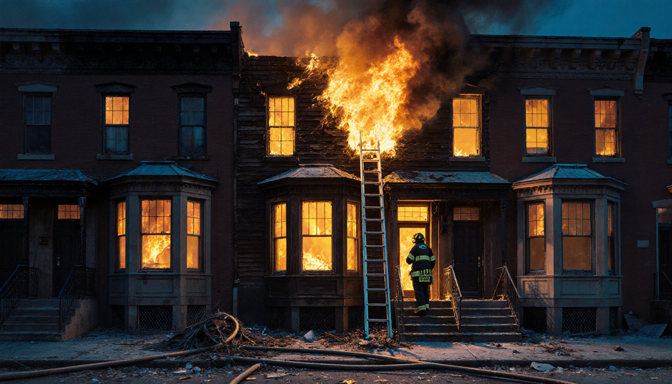 Firefighter looks up at blazing rowhome with ladder and charred sprinkler hanging nearby