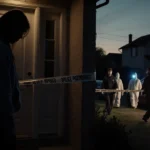 Forensic team guards the front door with police tape and dusk shadows at a Roxborough home