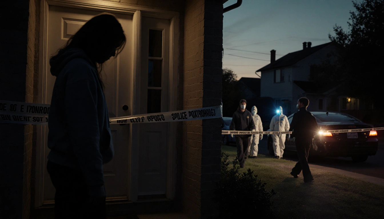 Forensic team guards the front door with police tape and dusk shadows at a Roxborough home