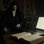 Leather-bound book revealing cryptic royal secret email between Prince Andrew and mysterious figure with laptop glow in study