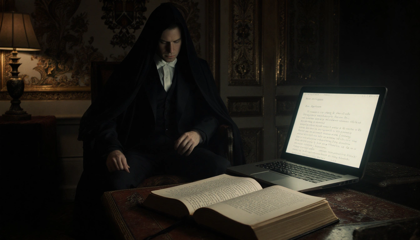 Leather-bound book revealing cryptic royal secret email between Prince Andrew and mysterious figure with laptop glow in study