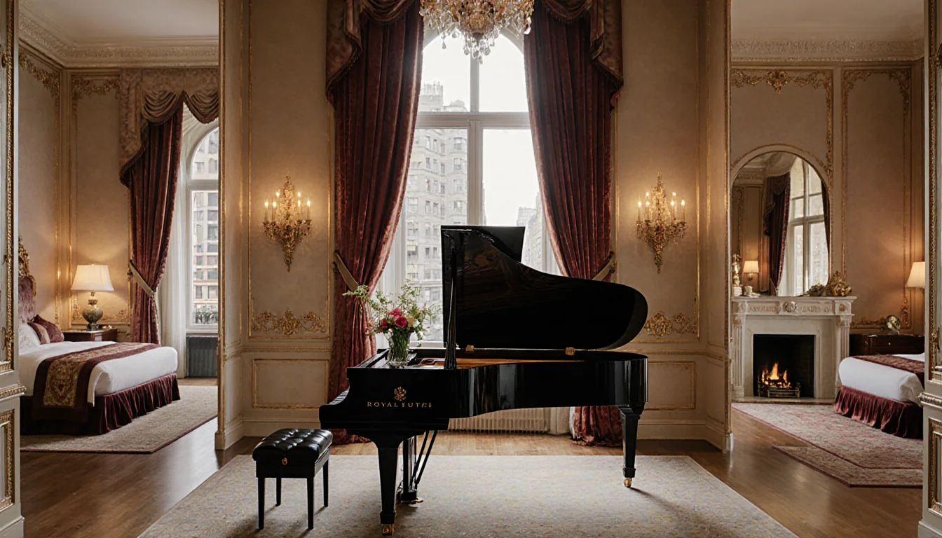 Grand piano playing with fresh flowers and velvet curtains warm lighting reflecting gold accents and a view of Fifth Avenue