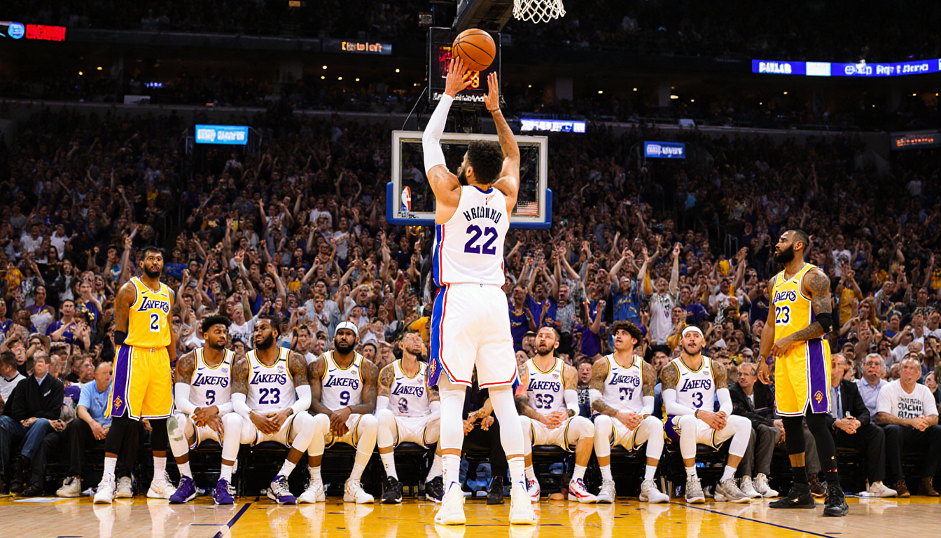 Rui Hachimura celebrates after three-pointer with 76ers bench erupting on NBA court