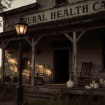 Flickering lamp post casting glow with overgrown vines and faded sign in weathered rural hospital porch