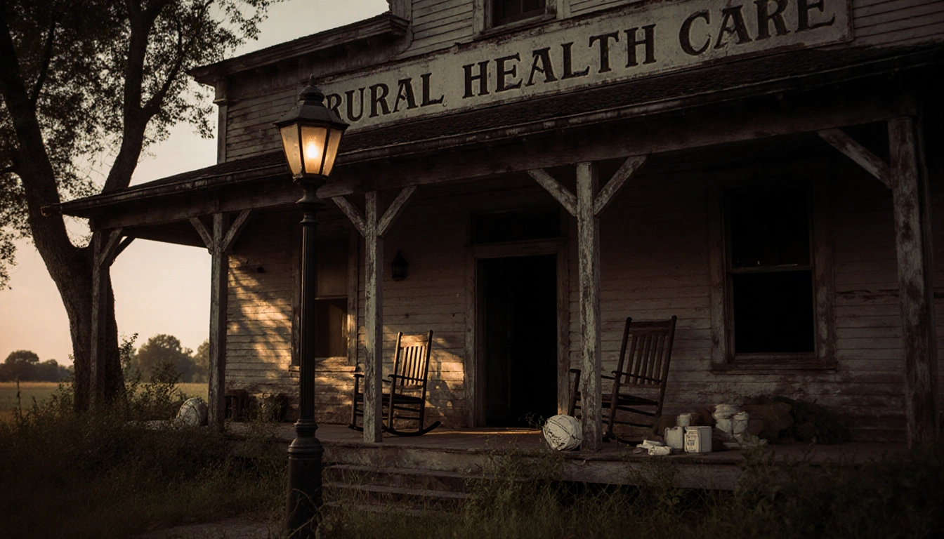 Flickering lamp post casting glow with overgrown vines and faded sign in weathered rural hospital porch