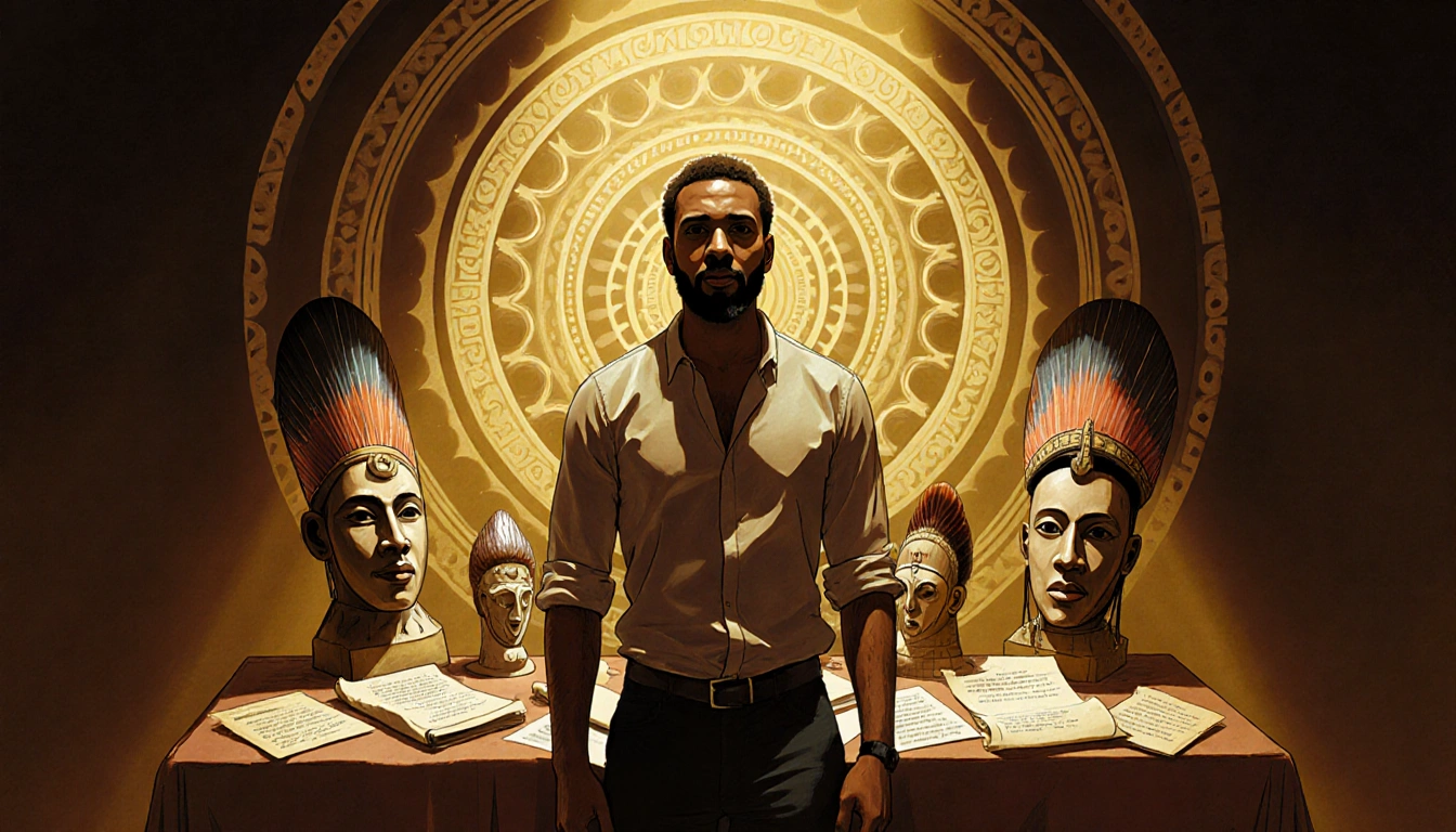 Ryan Coogler standing before African altar with ancestral masks and feathers and ritual wheel backdrop in golden light