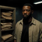 Ryan Coogler inspecting X-Files file cabinet with papers spilling out and a distant car fading