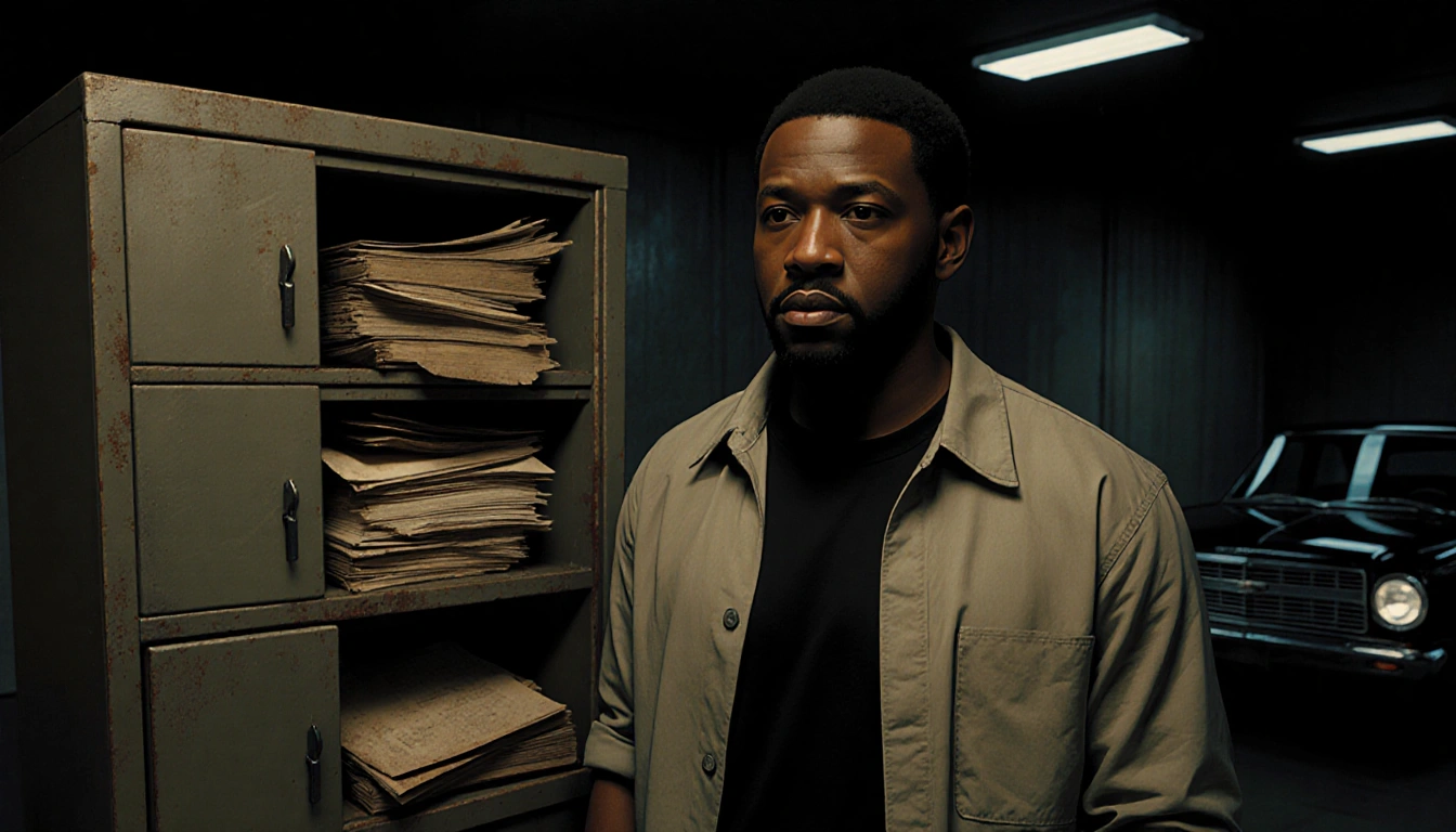Ryan Coogler inspecting X-Files file cabinet with papers spilling out and a distant car fading