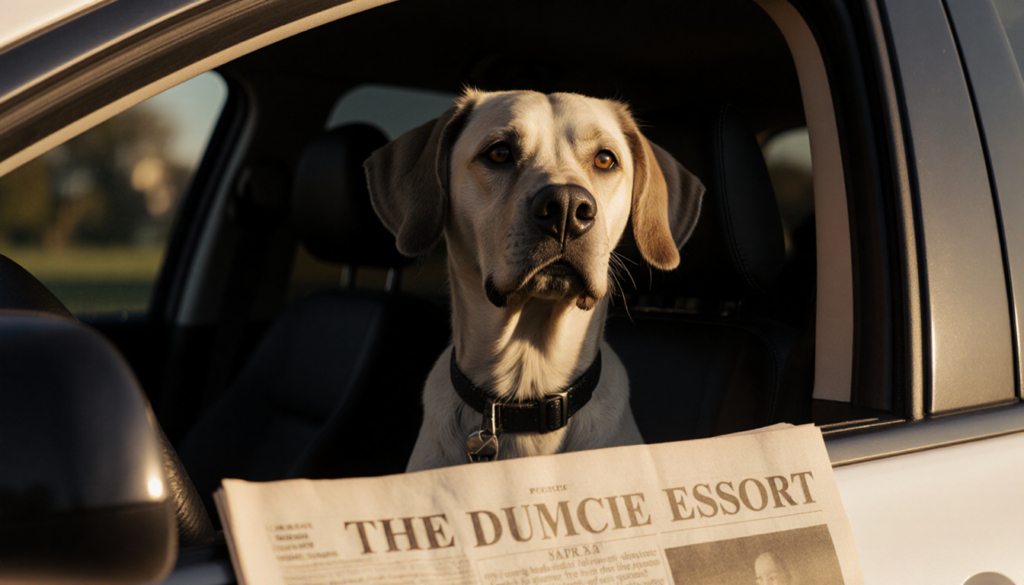 Reign show dog sits in car with sun through tinted windows and ears folded back wet nose glowing and newspaper report nearby.