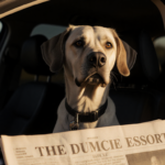Reign show dog sits in car with sun through tinted windows and ears folded back wet nose glowing and newspaper report nearby.
