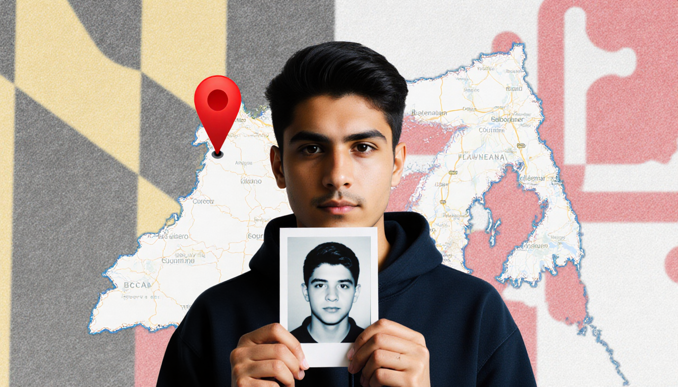 Salvadoran man holding teenage photo with red pin on Maryland map and subtle flag texture background evoking resilience.