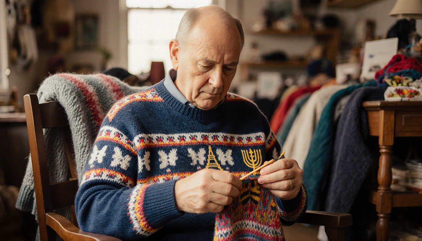 Sam Barsky knitting with colorful patterns and Eiffel Tower motifs on his sweater in a warm studio