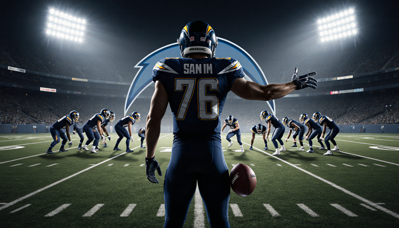 Sam gesturing toward kickoff on a night football field with stadium lights and a visible Chargers logo