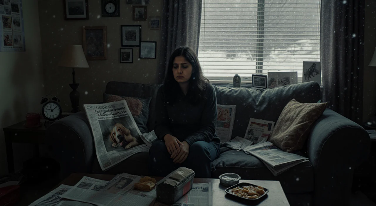 Samira sits on a couch with newspapers photos of her lost dog showing a worried expression while snow drifts outside.