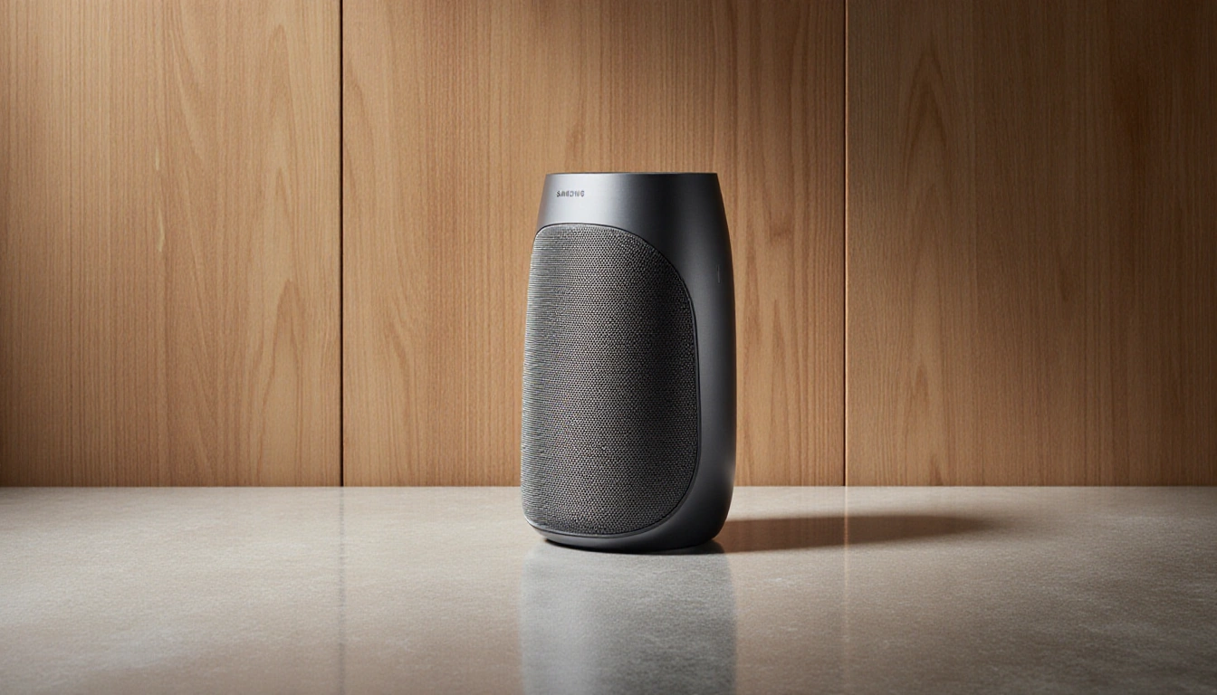 Samsung Music Studio Wi‑Fi speaker gleams with soft diffused light and subtle reflections on a neutral gray background.