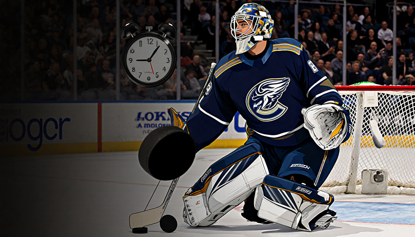 Samuel Ersson blocks a puck with gloves up while a clock shows final overtime and a blurred crowd presses around him