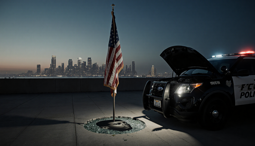 Worn American flag planted in ground with raised police vehicle hood and misty San Diego skyline