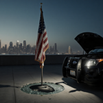 Worn American flag planted in ground with raised police vehicle hood and misty San Diego skyline