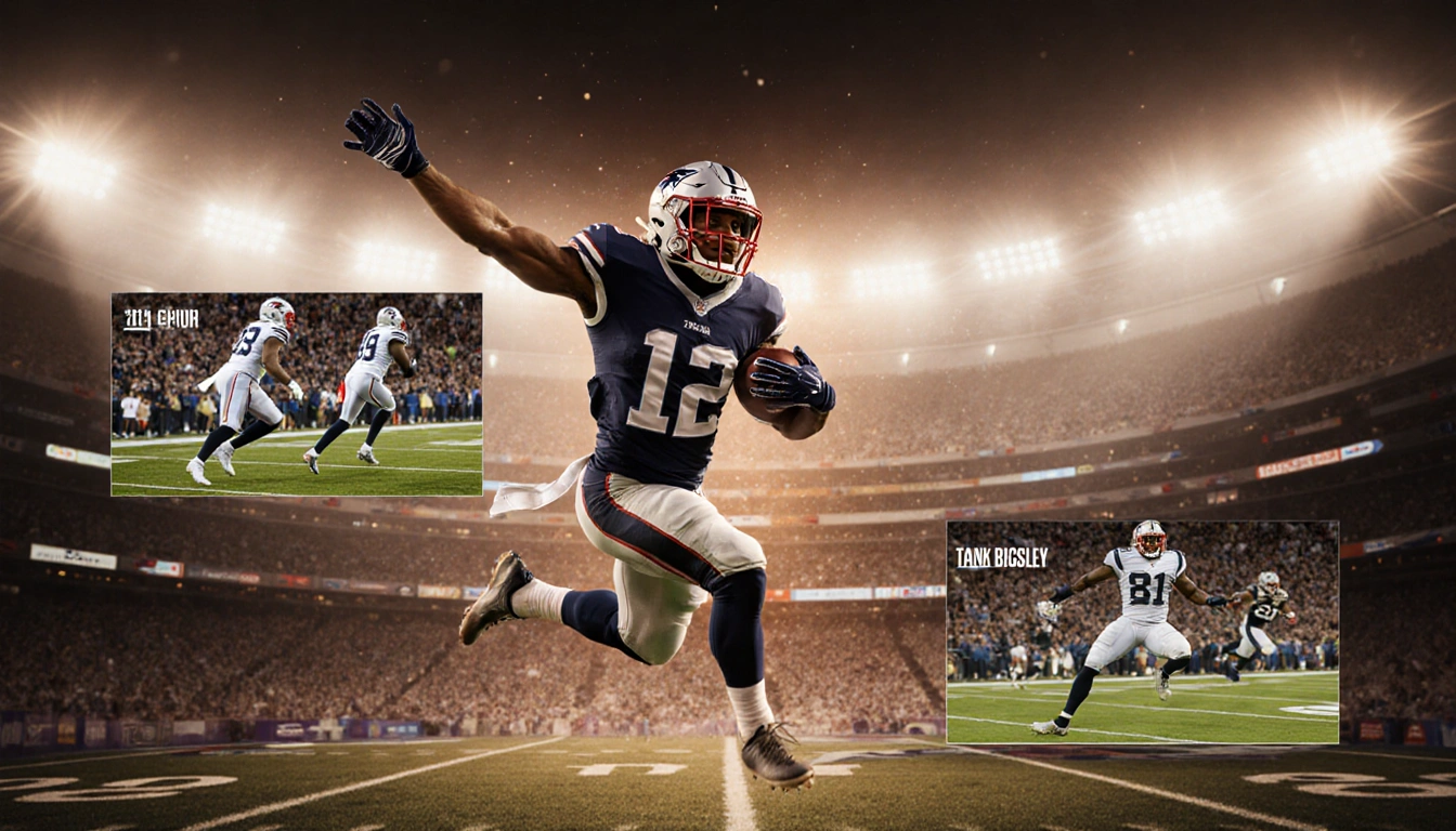 Saquon Barkley running back leaps celebrating a touchdown with lights blazing and a corner showing Tank Bigsby's run