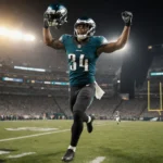 Saquon Barkley dashes toward end zone with arms raised and helmet off golden stadium lights and green grass show his triumph.