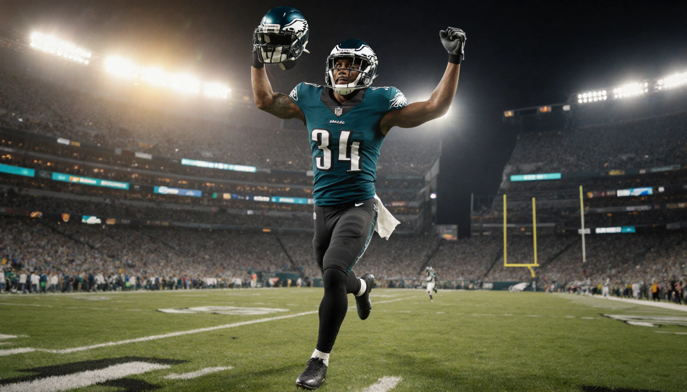 Saquon Barkley dashes toward end zone with arms raised and helmet off golden stadium lights and green grass show his triumph.
