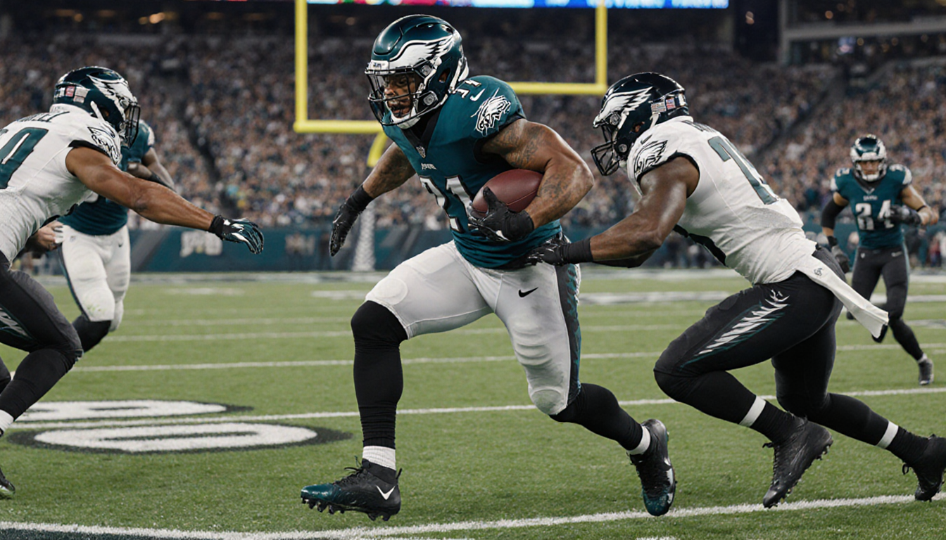 Saquon Barkley sprinting past defenders with arm strength on a 52‑yard touchdown run with Eagles stadium field in background