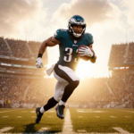 Saquon Barkley sprinting with the football toward the end zone with fans cheering.