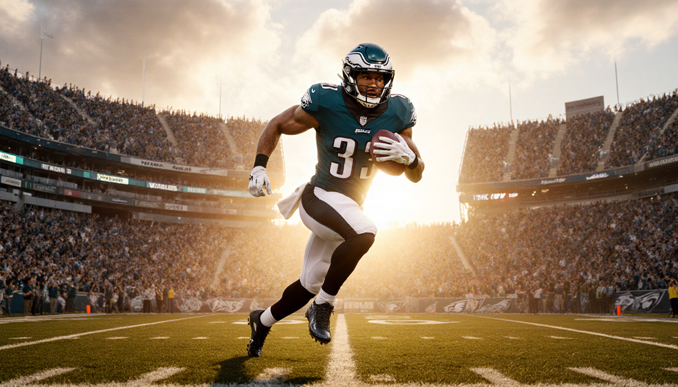 Saquon Barkley sprinting with the football toward the end zone with fans cheering.