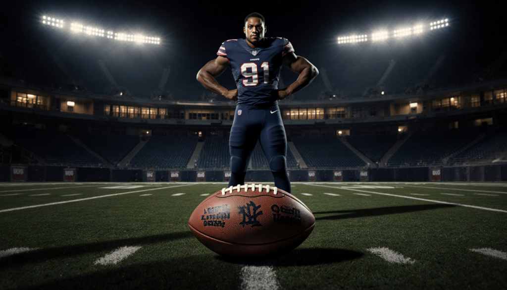 Saquon Barkley stands with hands on hips on a night football field with a large football on the ground and locker room glow.