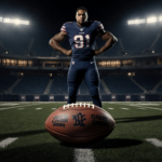 Saquon Barkley stands with hands on hips on a night football field with a large football on the ground and locker room glow.