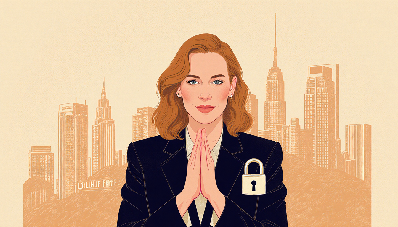 Sarah Paulson standing confidently with hands clasped and a small key nearby in front of a faint Hollywood backdrop