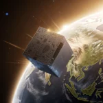 Satellite hovering with glowing circuit patterns and a cracked globe in warm golden light