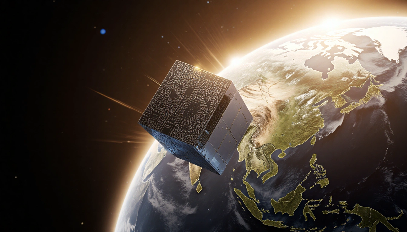 Satellite hovering with glowing circuit patterns and a cracked globe in warm golden light