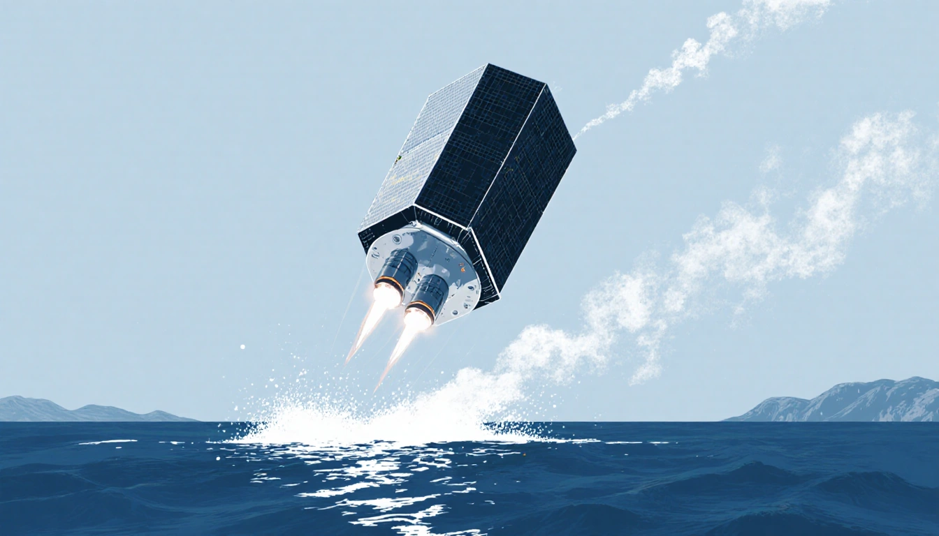 Satellite descending over ocean with heat shield and retro rockets landing safely