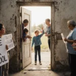 Community members gather outside old school with handmade signs to preserve it and hopeful faces.