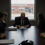 Principal sits at board meeting table with five members and lighting casts long shadows and school building in window.