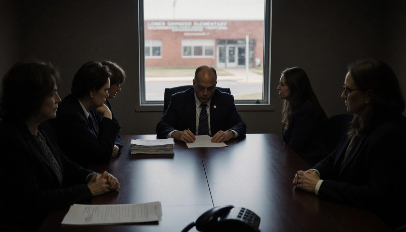 Principal sits at board meeting table with five members and lighting casts long shadows and school building in window.