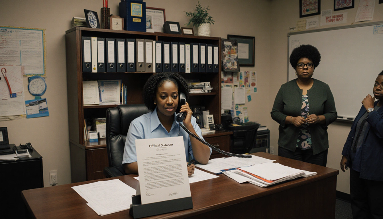 Superintendent Dr. Mwenyewe Dawan speaking into phone with official district statement on desk and a parent listening.