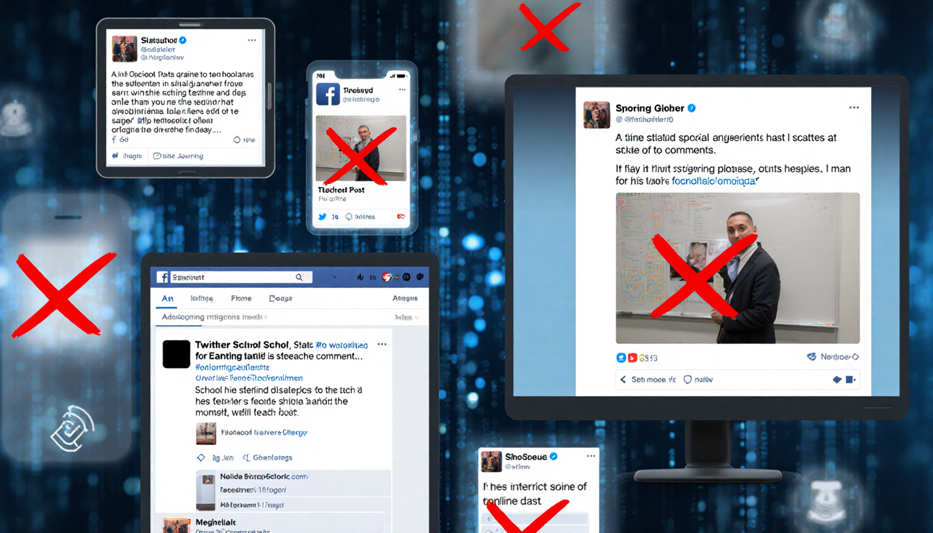 Screens and devices display district statement online with Twitter Facebook Instagram icons and censored screenshots.