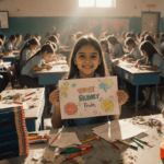 Teen girl holds up hand‑drawn poster with dusty pencils and colorful art markers scattered around and gym energy and communit