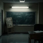 Chalkboard displaying words antisemitic and hate speech with flickering light and principal