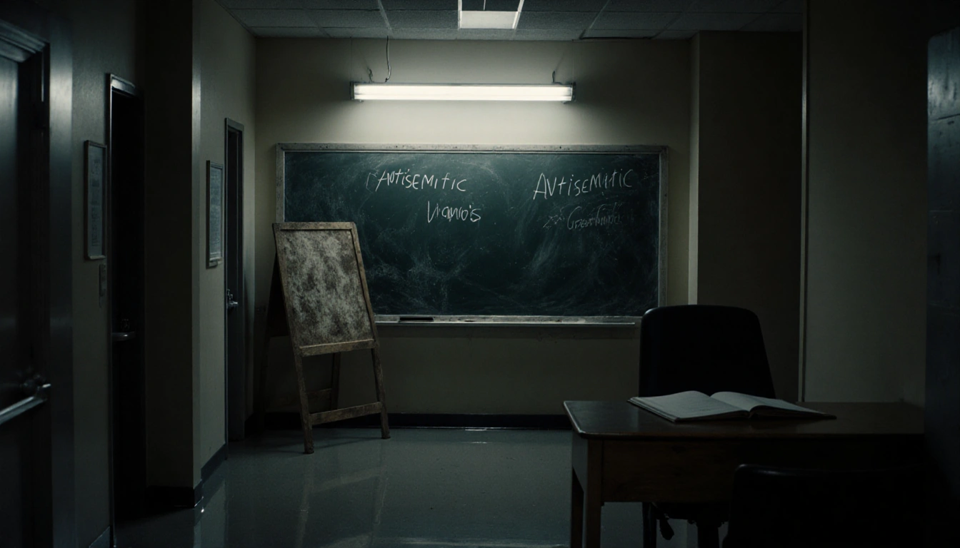 Chalkboard displaying words antisemitic and hate speech with flickering light and principal