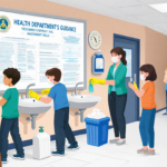 Students and staff washing hands with sanitizer stations and disinfectant wipes near a health department bulletin board