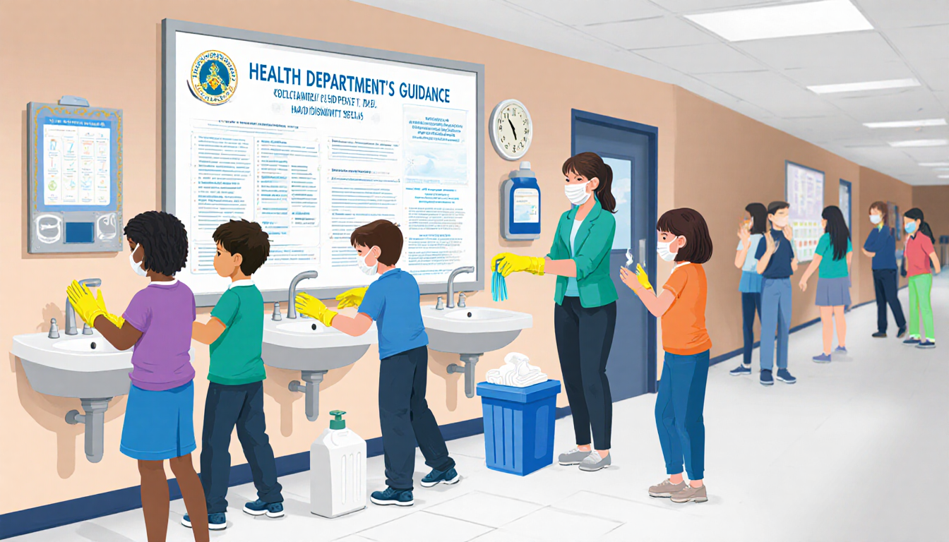 Students and staff washing hands with sanitizer stations and disinfectant wipes near a health department bulletin board