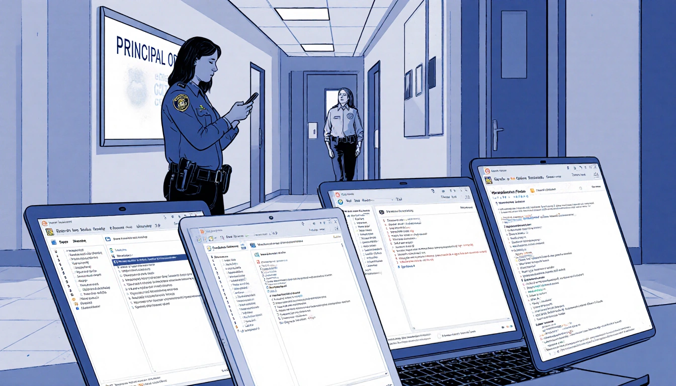 Deputy searching social media on phone with principal nearby and laptop screens displaying error messages school hallway