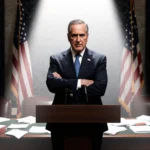 Senator Chuck Schumer stands at podium with arms crossed and determined expression under spotlight shadow flag in background.