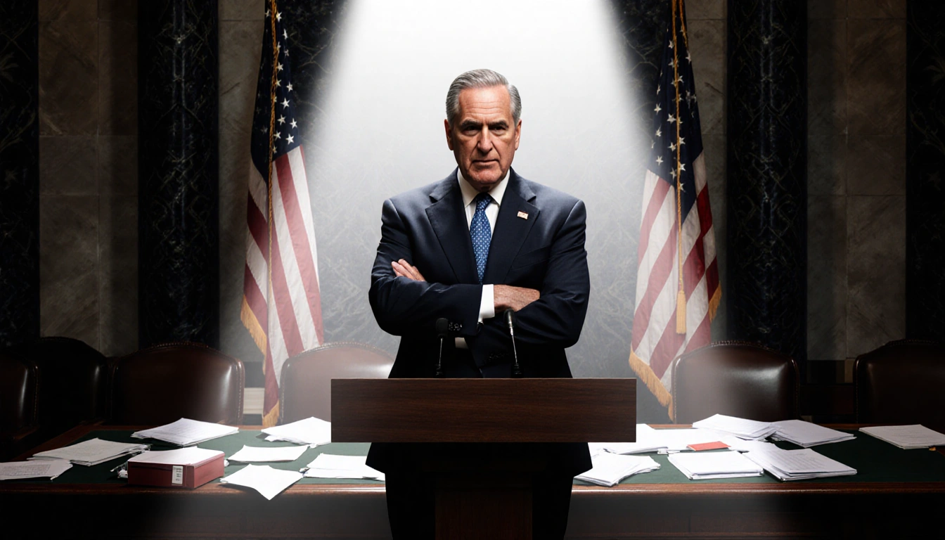 Senator Chuck Schumer stands at podium with arms crossed and determined expression under spotlight shadow flag in background.