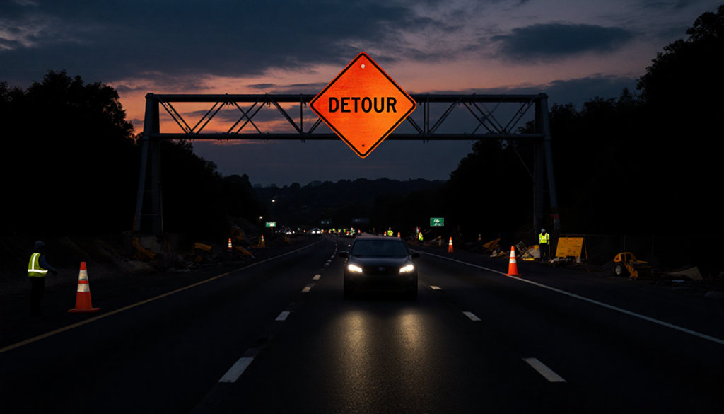 Car driving center lane with orange cone‑lit detour sign overhead and workers silhouetted against sunset.